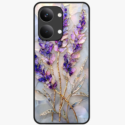 Lavender Dream Glow Glass Case showing flat back view with glowing lavender aesthetic artwork and glossy glass finish.