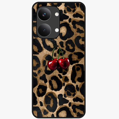 Leopard Wild Cherry Glass Case showing flat back view with leopard pattern and cherry artwork and glossy glass finish.