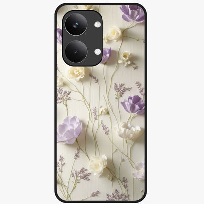 Lilac Breeze Harmony Glass Case showing flat back view with soft lilac themed artwork and glossy glass finish.