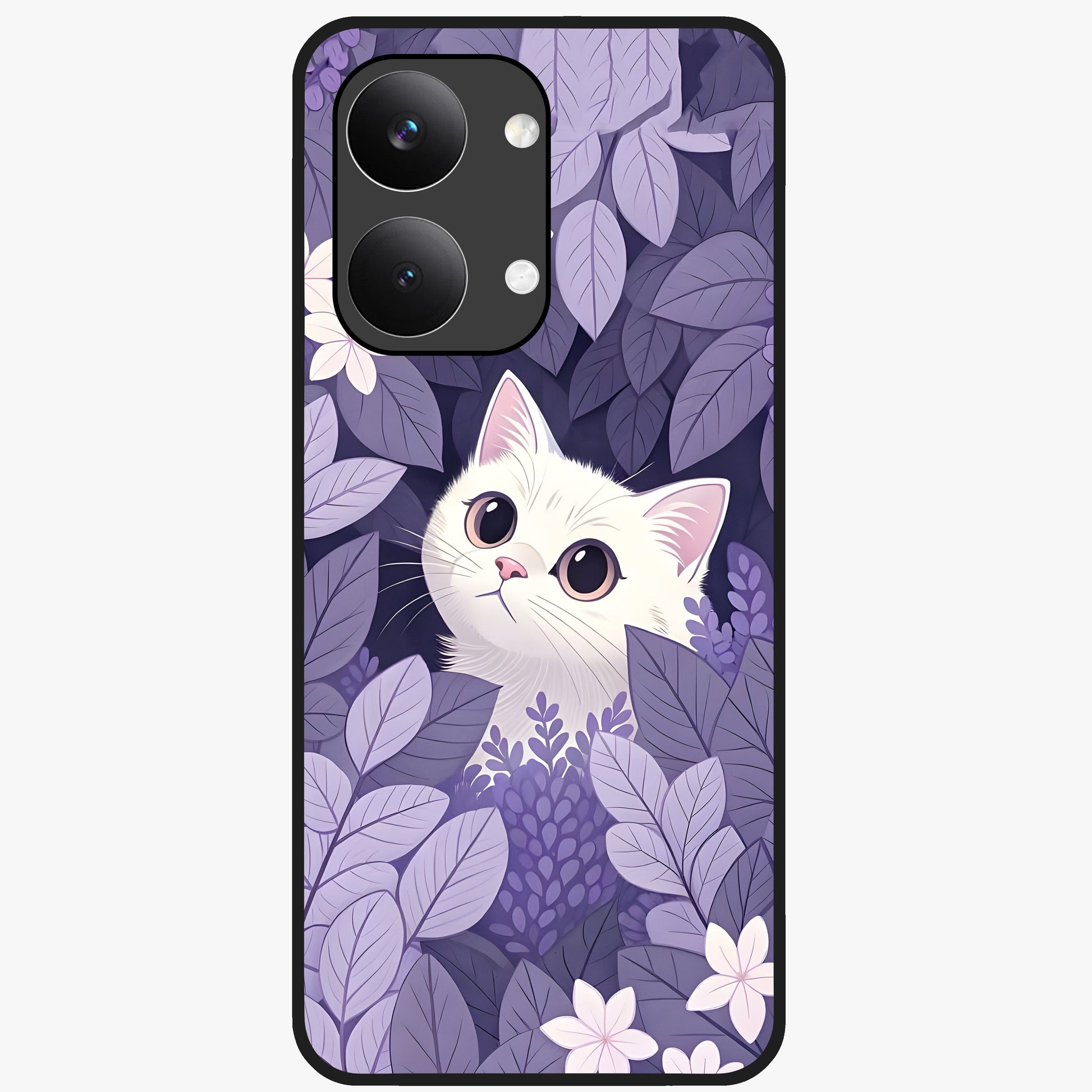 Lilac Hide Peek Cat Glass Case showing flat back view with cute peeking cat artwork and glossy glass finish.