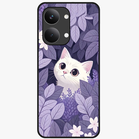 Lilac Hide Peek Cat Glass Case showing flat back view with cute peeking cat artwork and glossy glass finish.