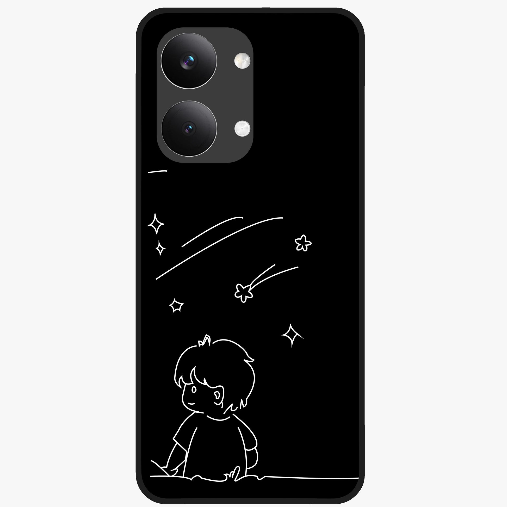 Line Art Boy With Shooting Stars Glass Case showing flat back view with minimal line art boy and shooting stars illustration and glossy glass finish.