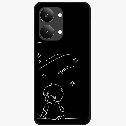 Line Art Boy With Shooting Stars Glass Case showing flat back view with minimal line art boy and shooting stars illustration and glossy glass finish.