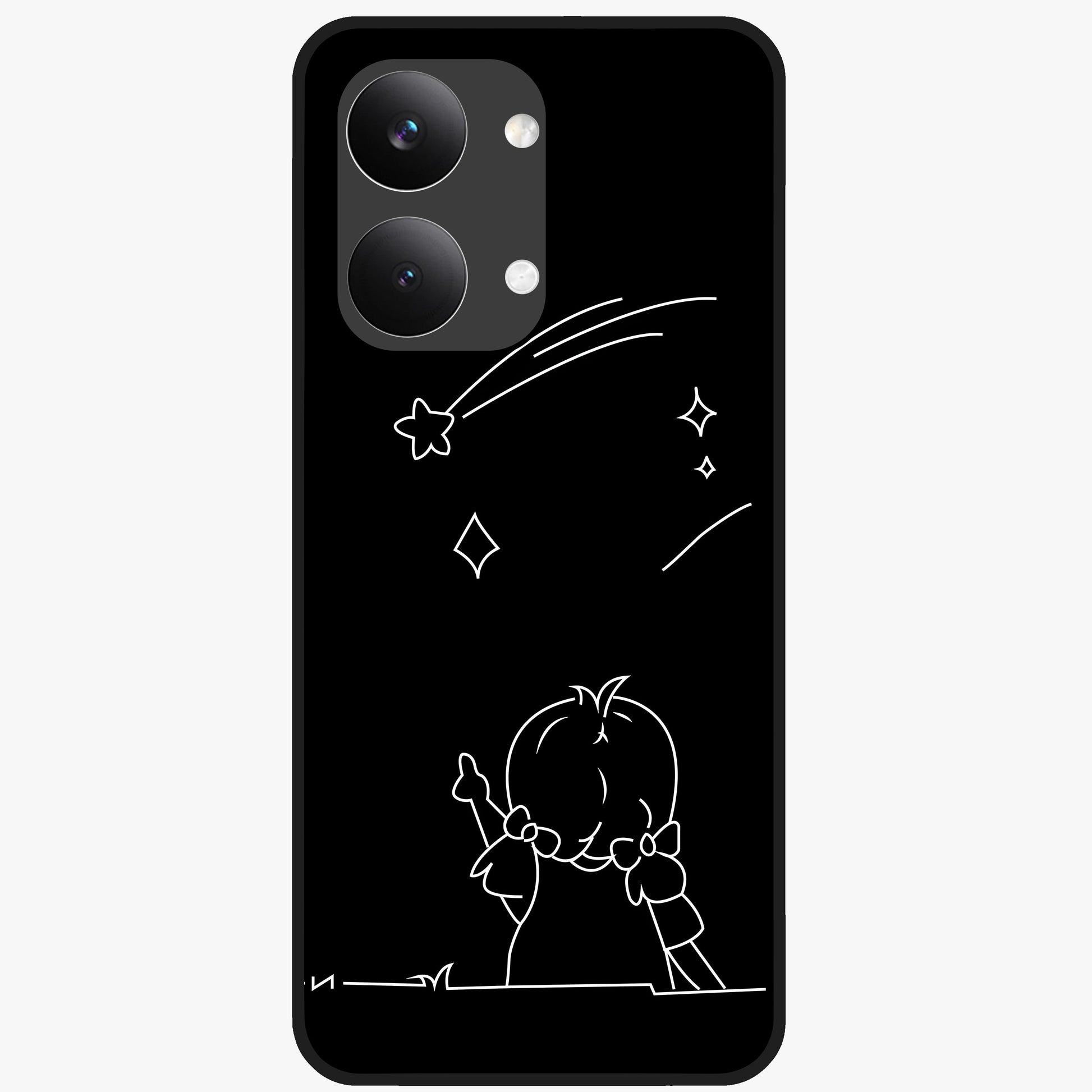 Line Art Girl With Shooting Stars Glass Case showing flat back view with minimal line art girl and shooting stars illustration and glossy glass finish.