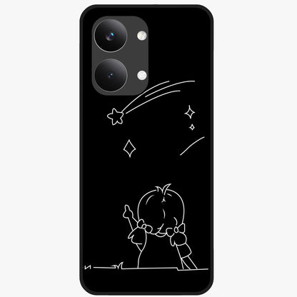 Line Art Girl With Shooting Stars Glass Case showing flat back view with minimal line art girl and shooting stars illustration and glossy glass finish.