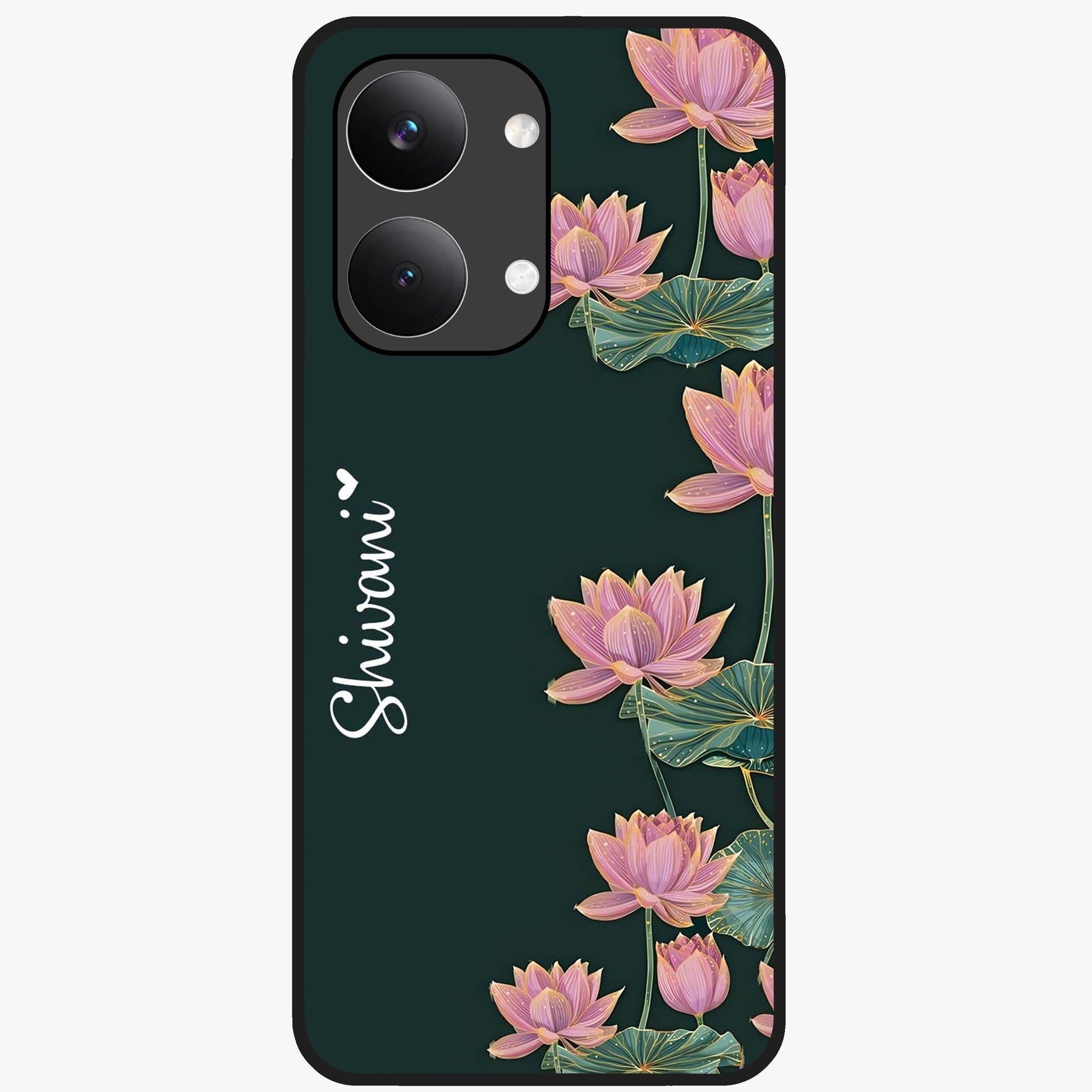 Lotus Bloom Serenity Custom Name Glass Case showing flat back view with elegant lotus flower artwork and personalized name design.