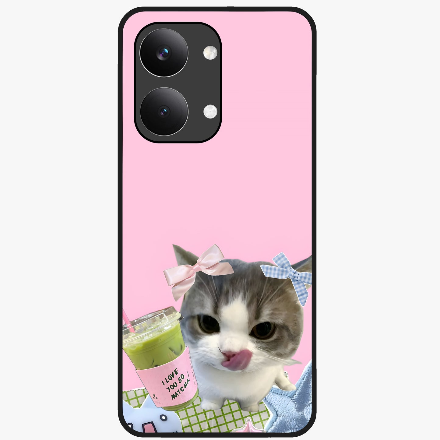 Love Matcha Cat Glass Case showing flat back view with cute cat and matcha themed artwork and glossy glass finish.