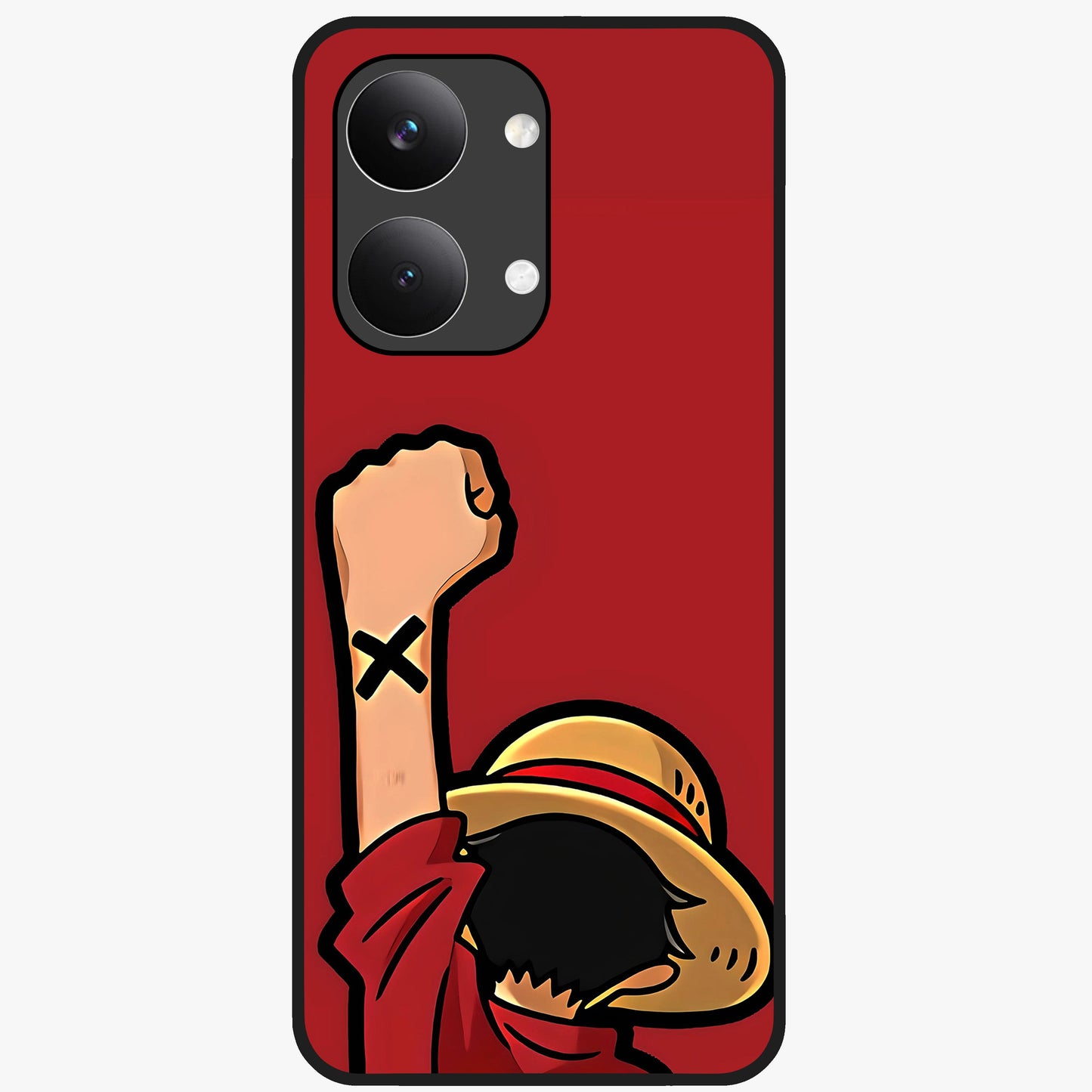 Luffy X Spirit Glass Case showing flat back view with bold anime character artwork and glossy glass finish.