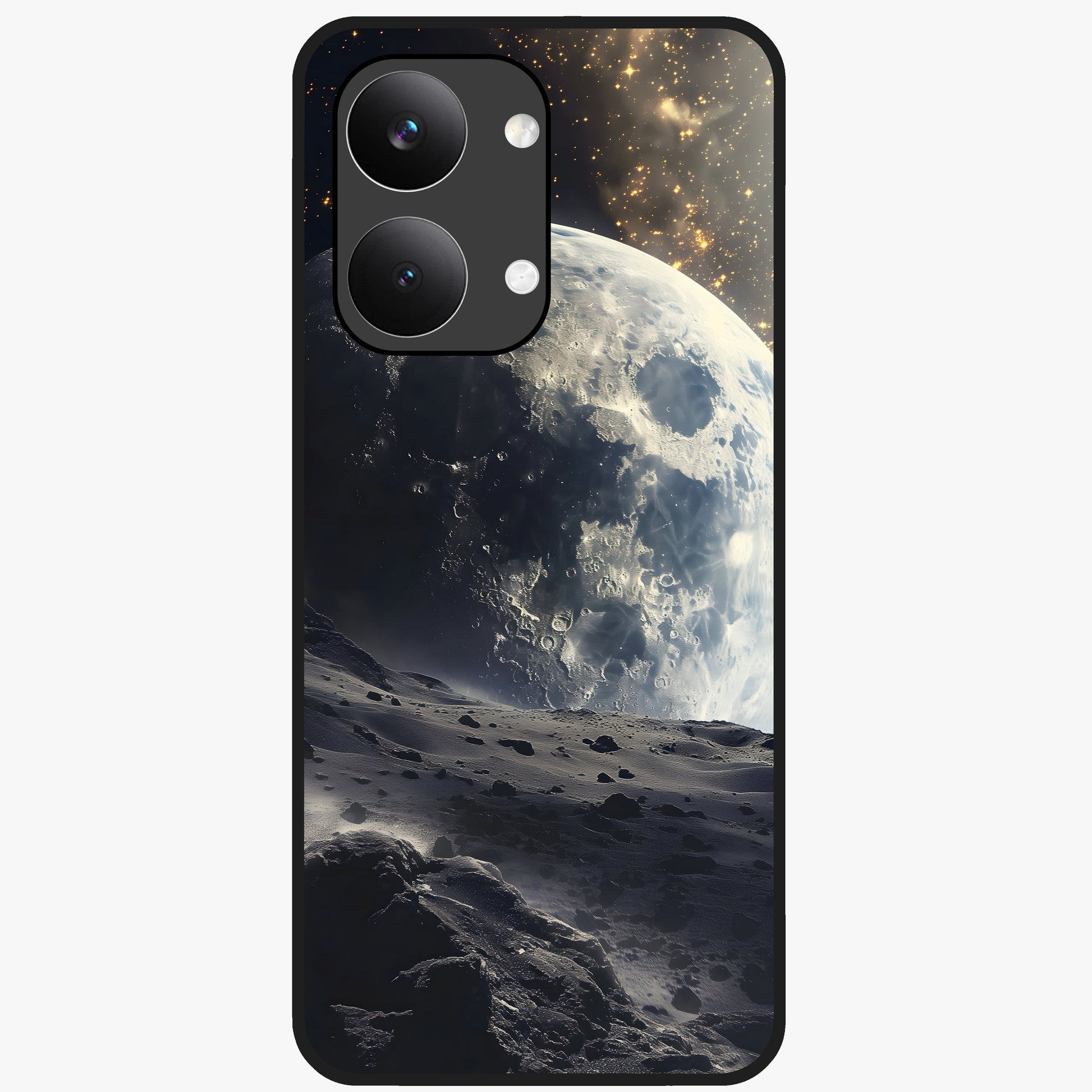 Lunar Horizon Glow Glass Case showing flat back view with glowing moon horizon artwork and glossy glass finish.