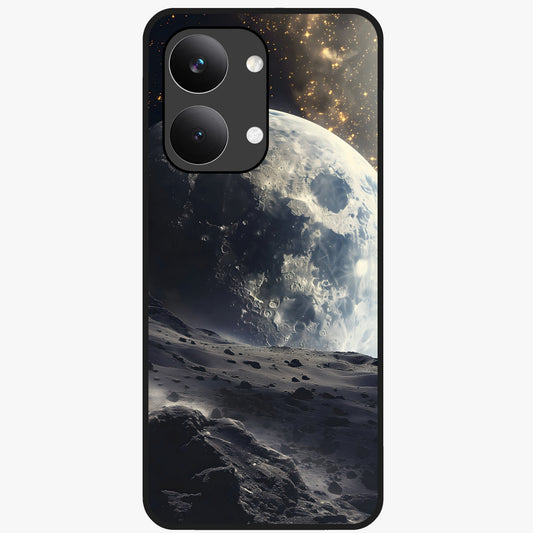 Lunar Horizon Glow Glass Case showing flat back view with glowing moon horizon artwork and glossy glass finish.