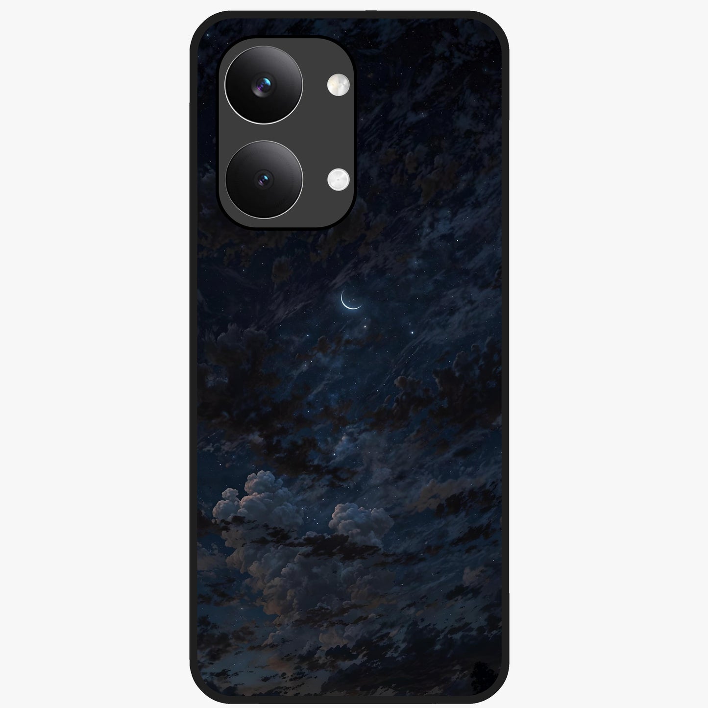 Lunar Veil Silence Glass Case showing flat back view with mystical moon veil artwork and glossy glass finish.