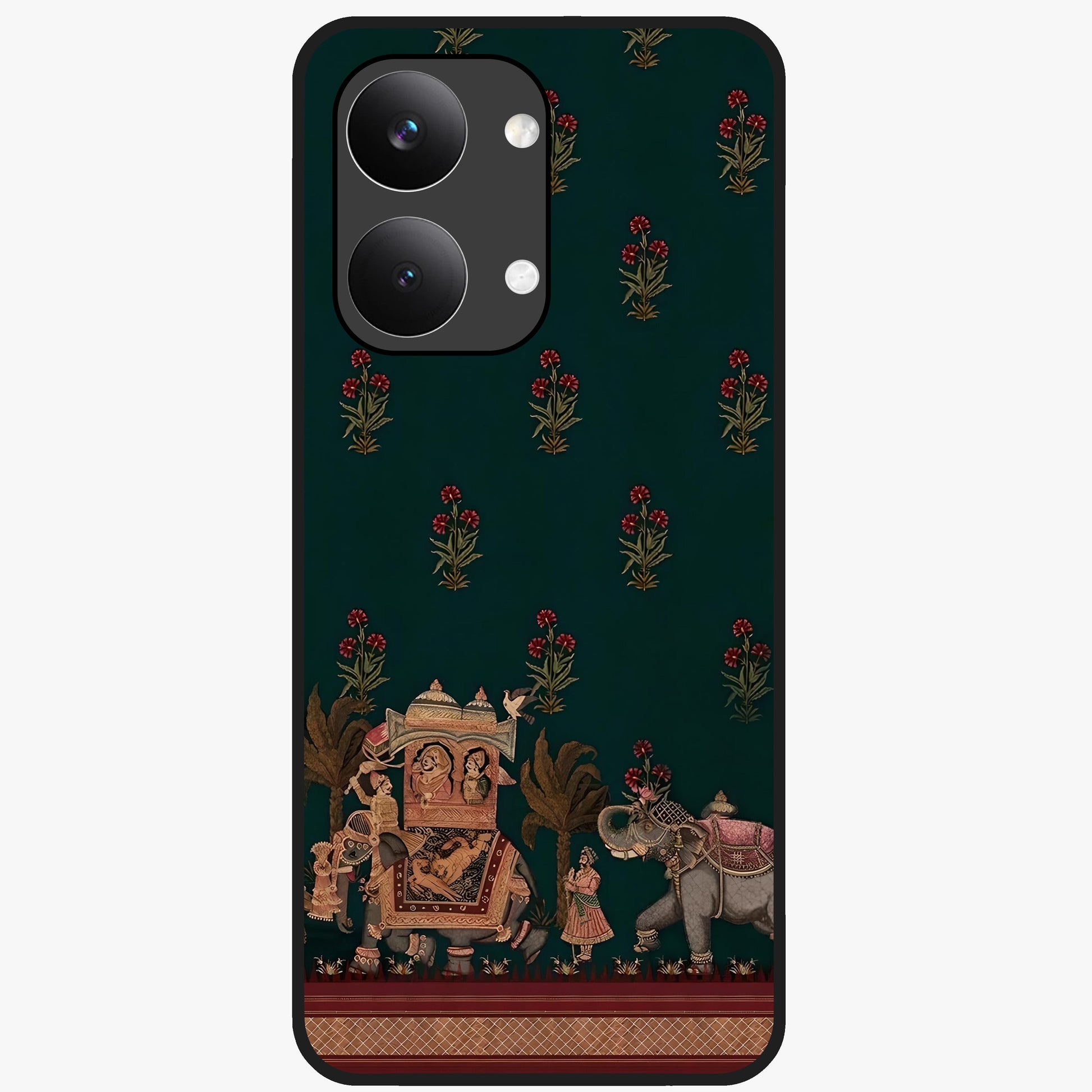 Macmerise Glass Case showing flat back view with stylish modern artwork and glossy glass finish.