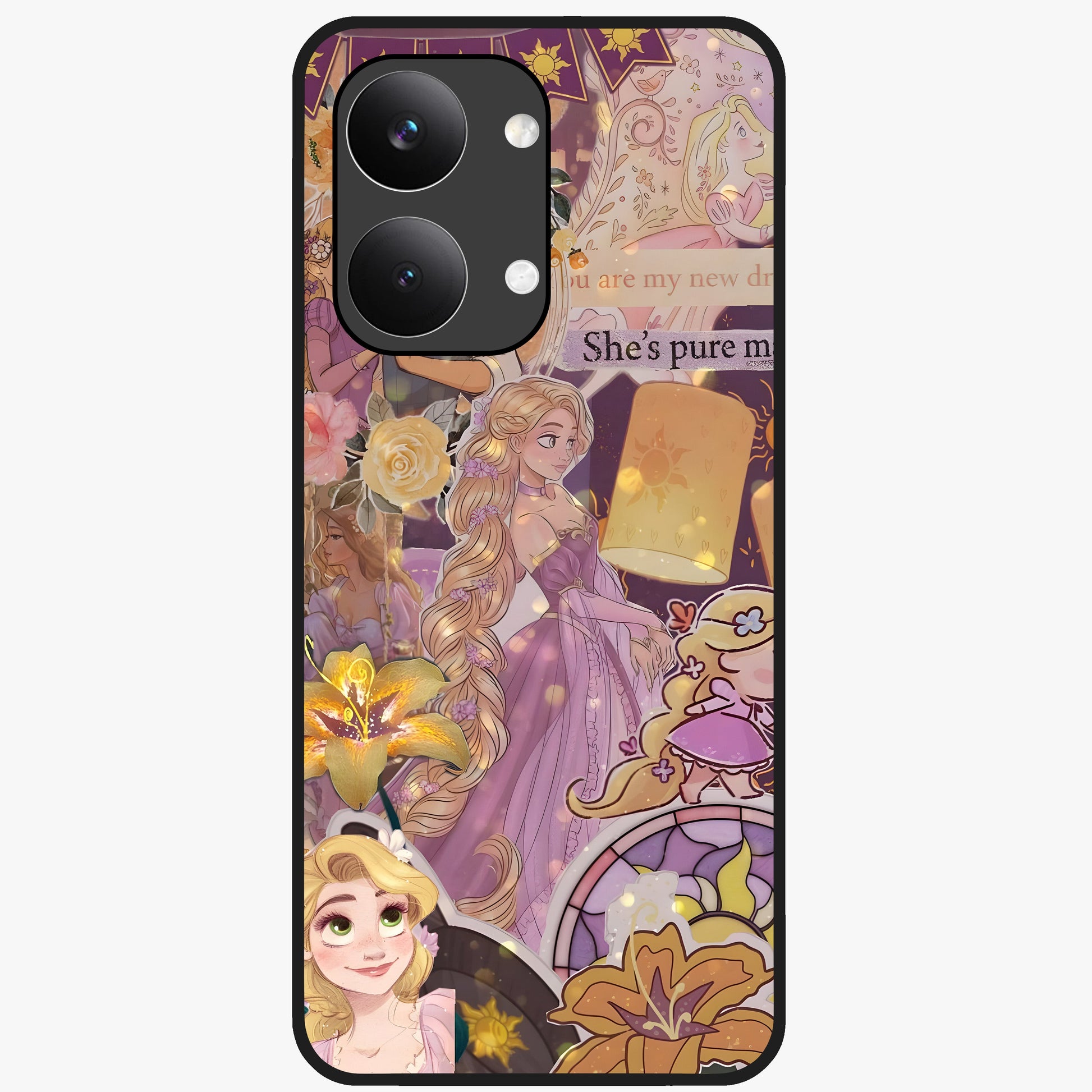 Magical Tangled Dream Glass Case showing flat back view with dreamy tangled artwork and glossy glass finish.