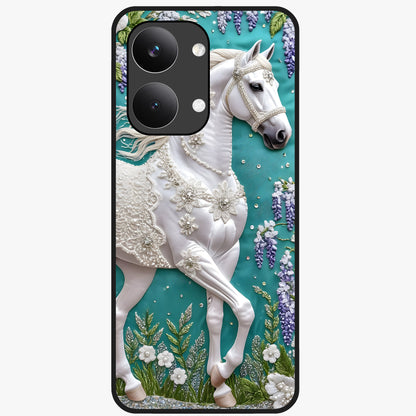 Majestic Floral Stallion Glass Case showing flat back view with powerful horse and floral artwork and glossy glass finish.