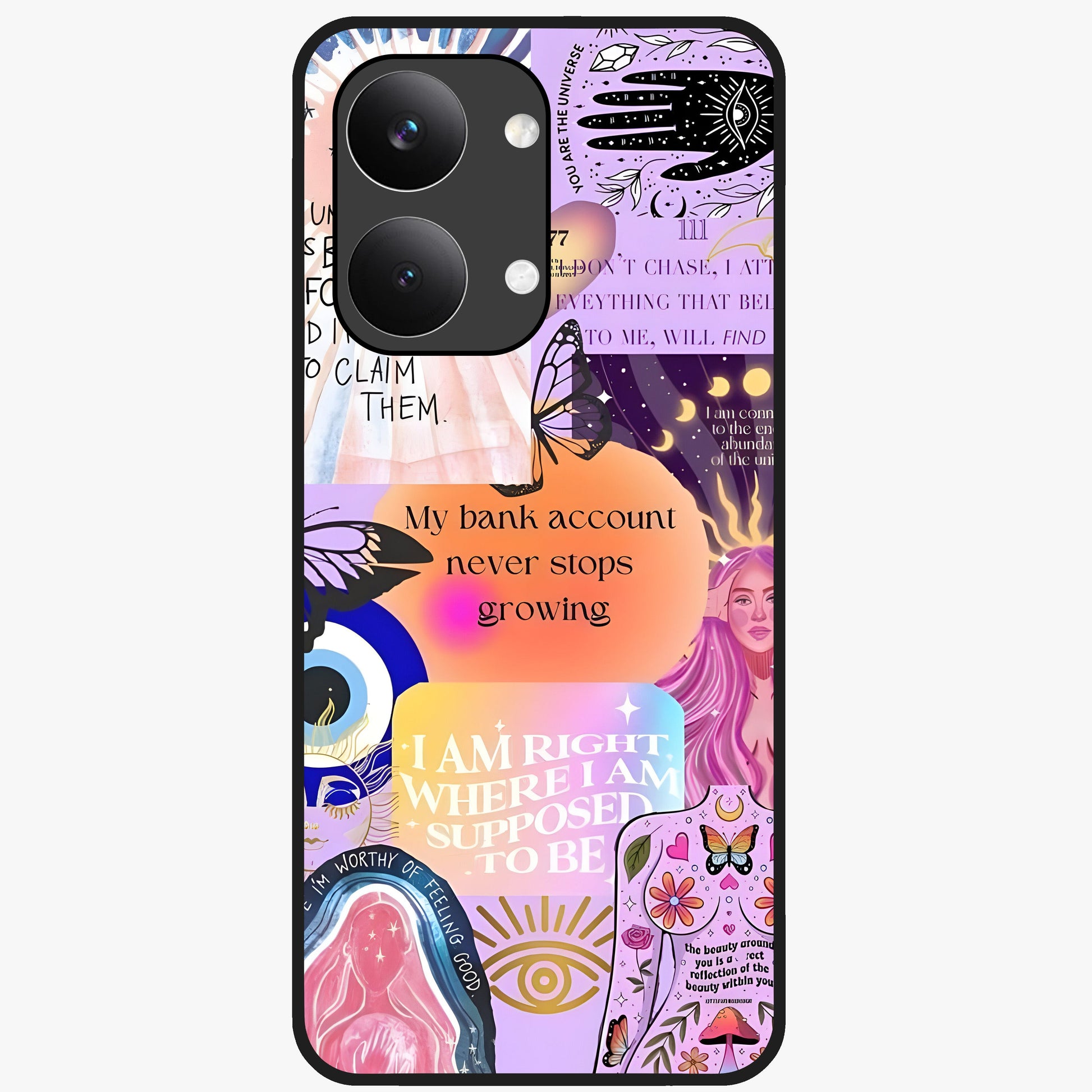 Manifestation Collage Glass Case showing flat back view with motivational collage artwork and glossy glass finish.