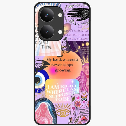Manifestation Collage Glass Case showing flat back view with motivational collage artwork and glossy glass finish.