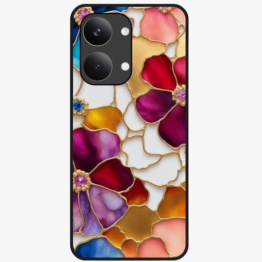Marble Flower Pattern Glass Case showing flat back view with marble texture floral artwork and glossy glass finish.
