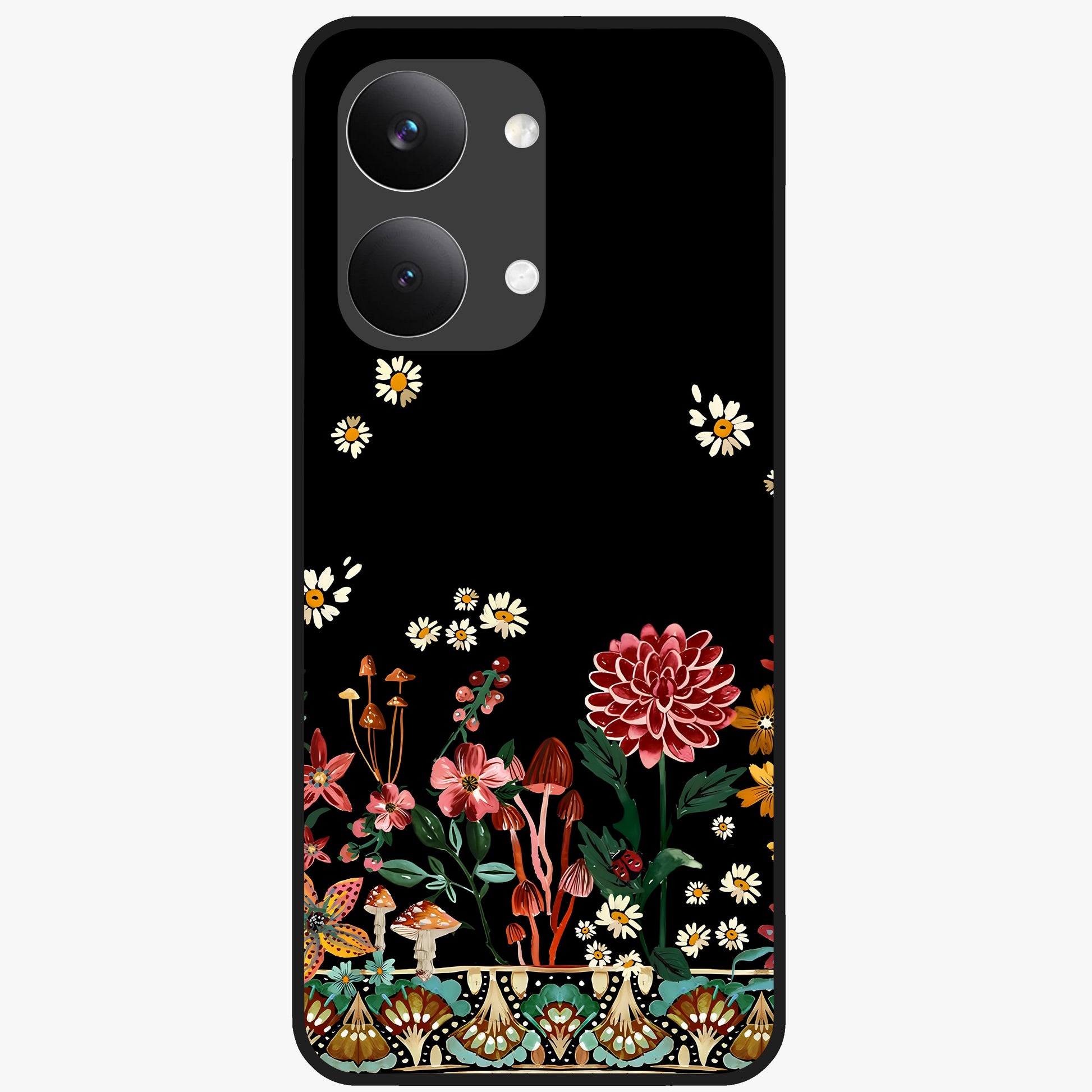 Midnight Bloom Pattern Glass Case showing flat back view with dark floral pattern artwork and glossy glass finish.