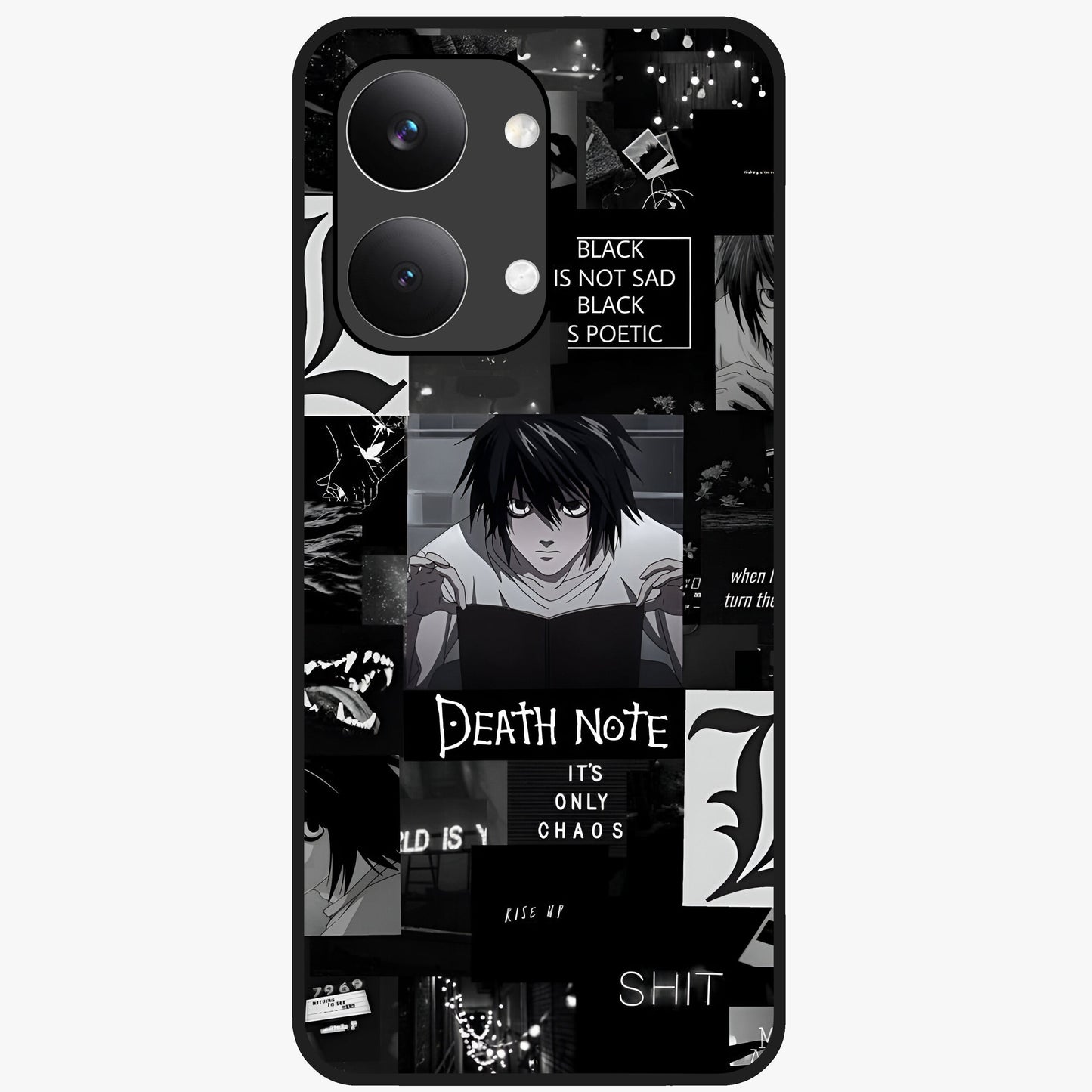 Midnight Chaos Mind Glass Case showing flat back view with abstract dark themed artwork and glossy glass finish.