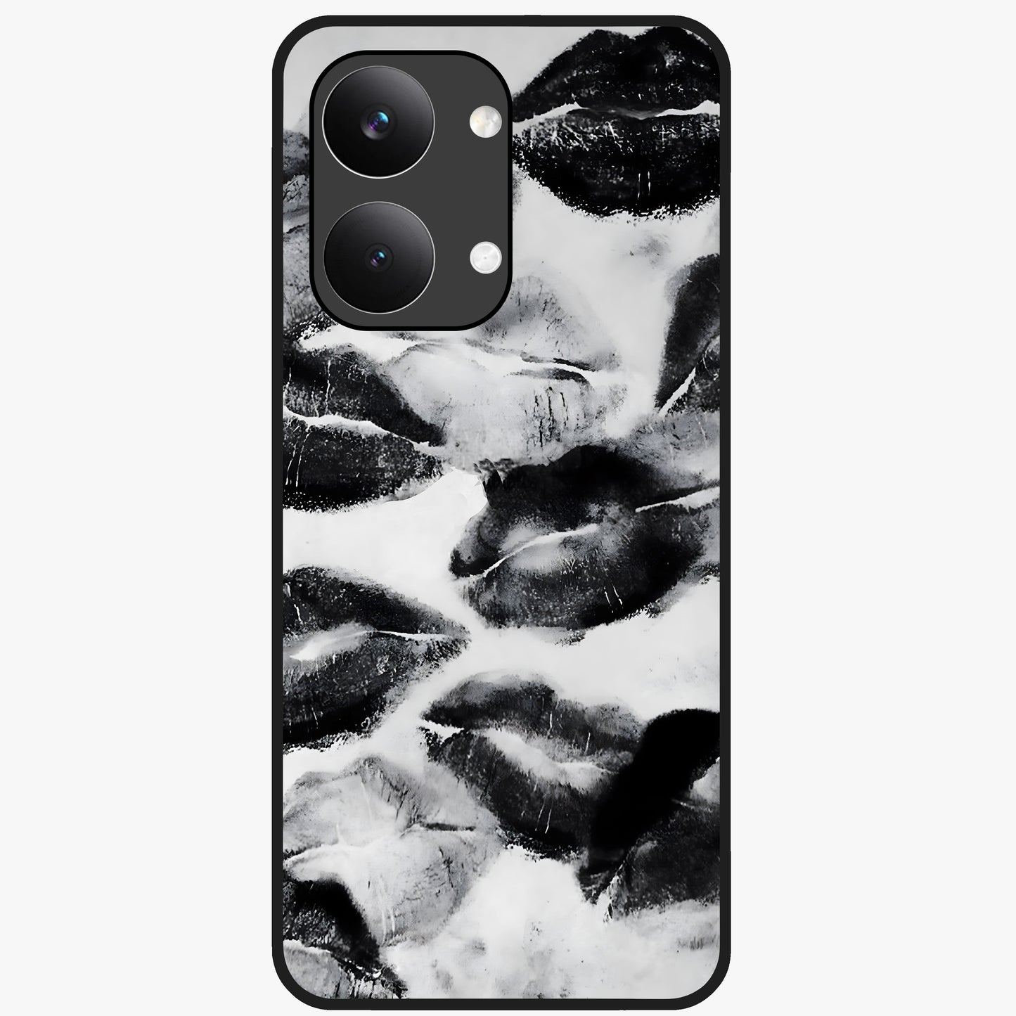 Midnight Kiss Marks Glass Case showing flat back view with lipstick kiss mark artwork and glossy glass finish.