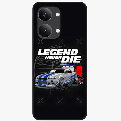 Midnight Racing Legacy Glass Case showing flat back view with sleek racing inspired artwork and glossy glass finish.