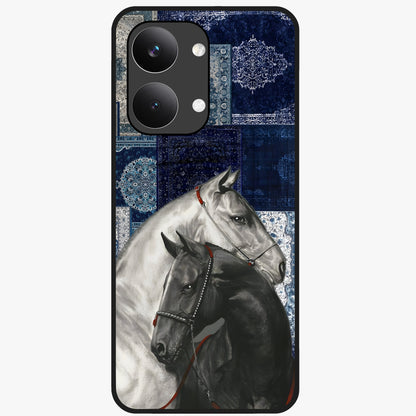 Midnight Stallion Blues Glass Case showing flat back view with majestic horse artwork and glossy glass finish.