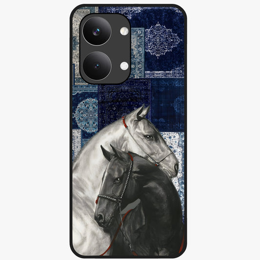 Midnight Stallion Blues Glass Case showing flat back view with majestic horse artwork and glossy glass finish.