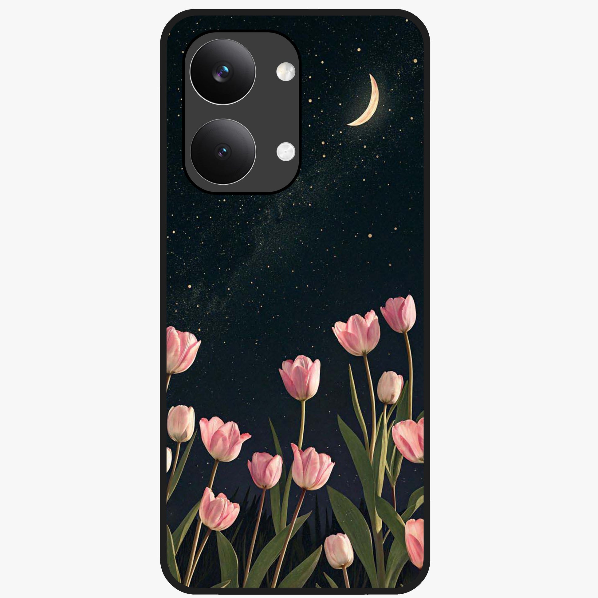 Midnight Tulip Whispers Vibe Glass Case showing flat back view with elegant tulip flower artwork and glossy glass finish.