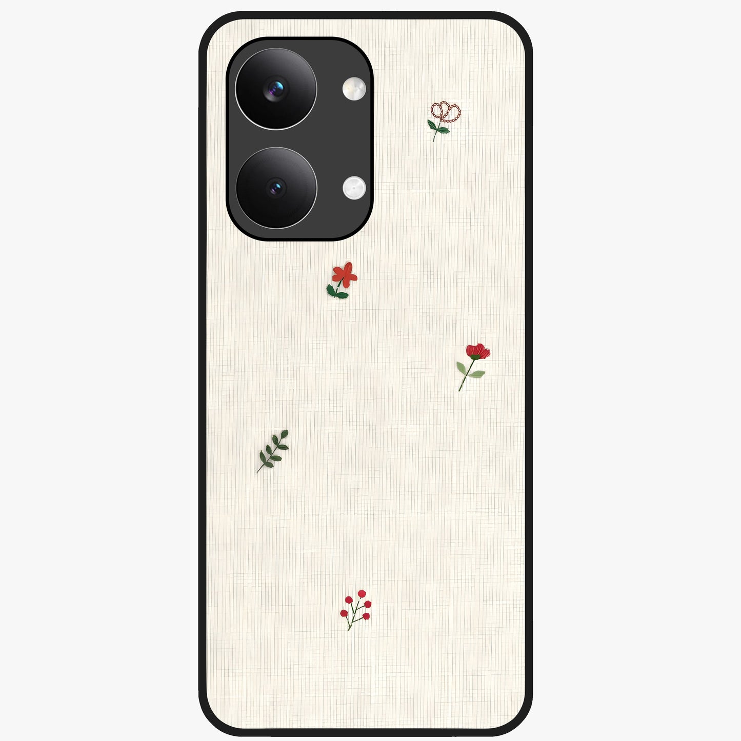 Minimal Petal Whispers Glass Case showing flat back view with soft minimal floral artwork and glossy glass finish.