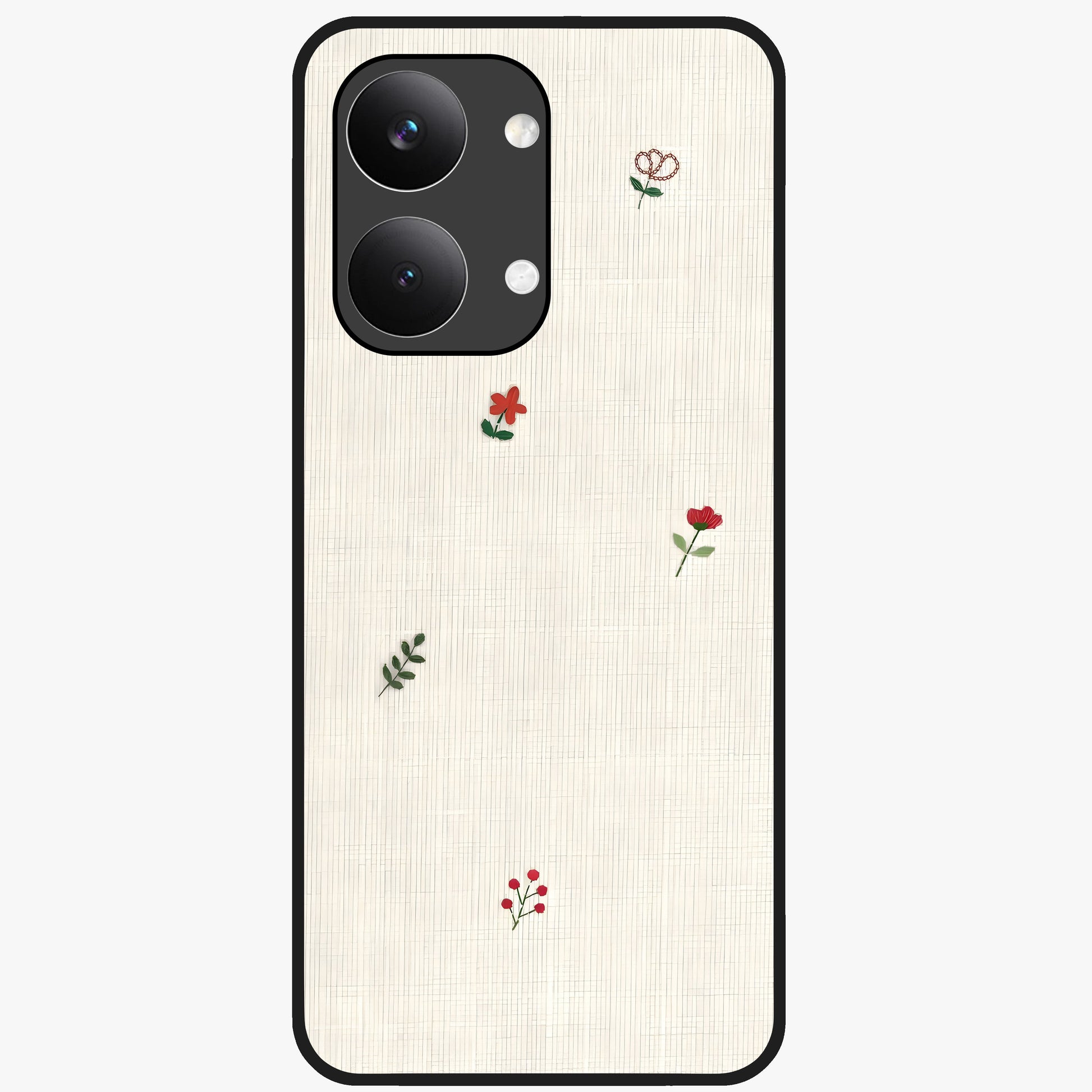 Minimal Petal Whispers Glass Case showing flat back view with soft minimal floral artwork and glossy glass finish.