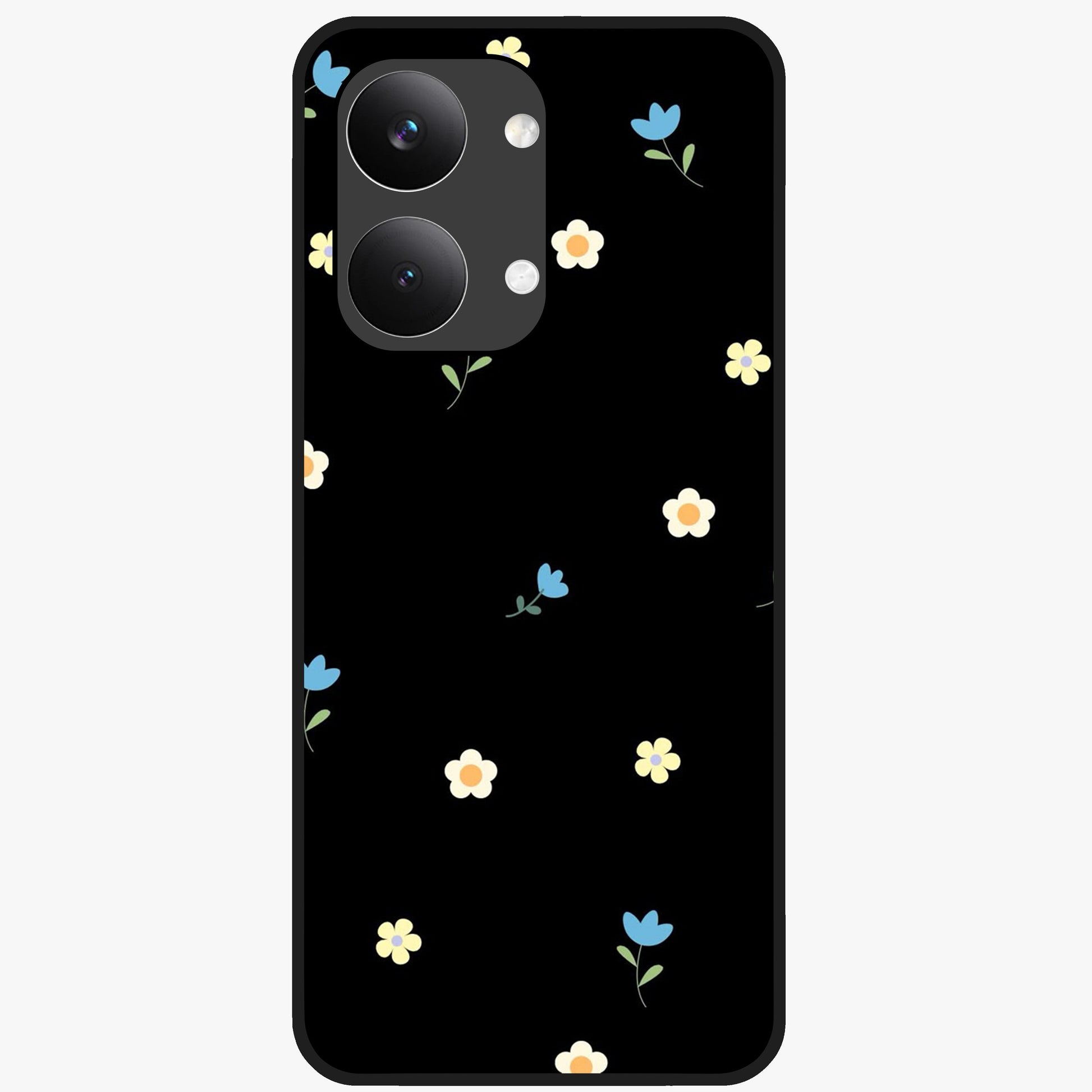 Minimalistic Blue With White Flower Pattern Glass Case showing flat back view with blue background and white flower pattern and glossy glass finish.