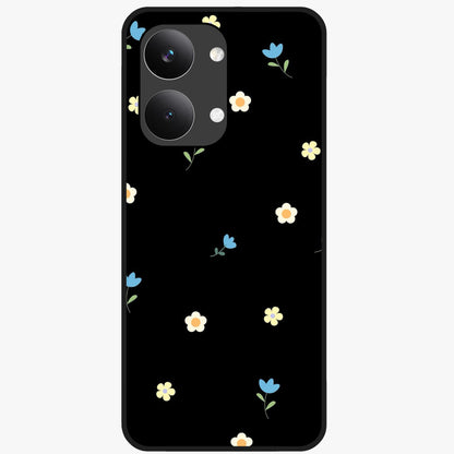 Minimalistic Blue With White Flower Pattern Glass Case showing flat back view with blue background and white flower pattern and glossy glass finish.