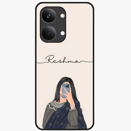 Mirror Mood Muse With Custom Name Glass Case showing flat back view with stylish mirrored artwork and personalized name design.