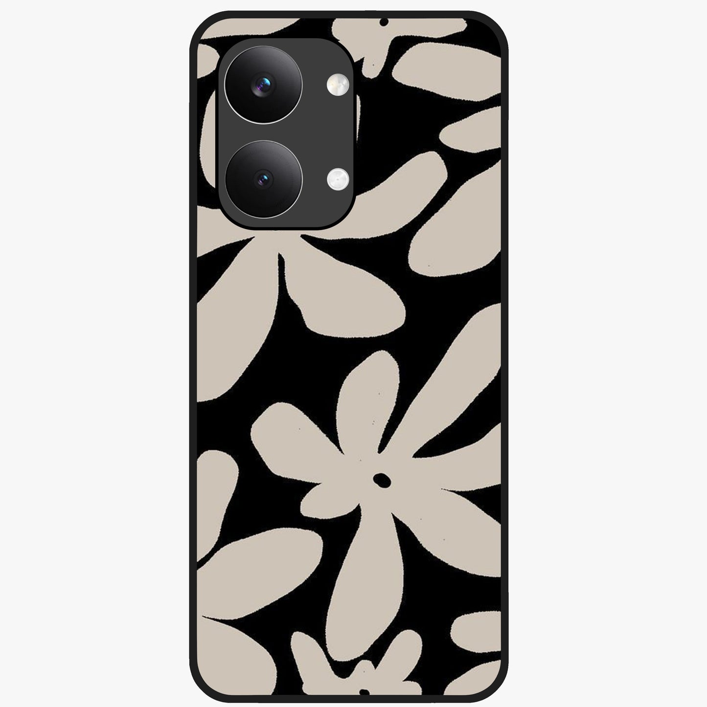 Monochrome Petal Dance Glass Case showing flat back view with monochrome floral artwork and glossy glass finish.