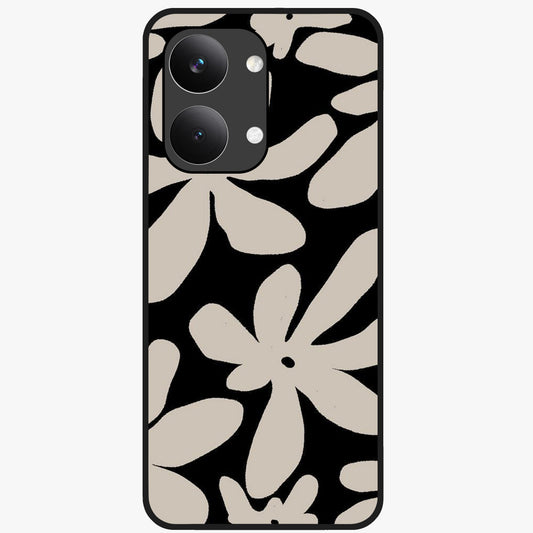 Monochrome Petal Dance Glass Case showing flat back view with monochrome floral artwork and glossy glass finish.