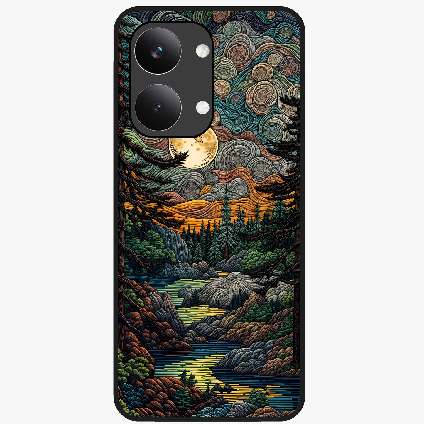 Moonlight Forest Dream Glass Case showing flat back view with mystical forest moonlight artwork and glossy glass finish.