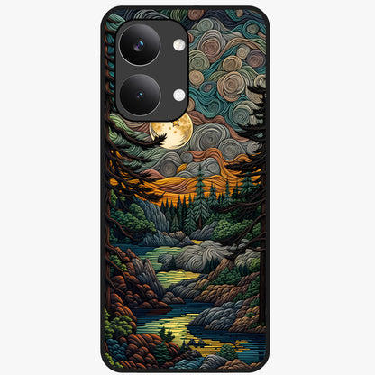 Moonlight Forest Dream Glass Case showing flat back view with mystical forest moonlight artwork and glossy glass finish.