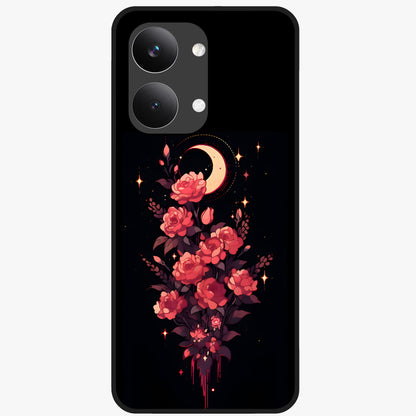 Moonlit Floral Elegance Glass Case showing flat back view with elegant floral artwork under moonlit tones and glossy glass finish.