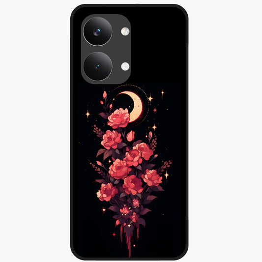 Moonlit Floral Elegance Glass Case showing flat back view with elegant floral artwork under moonlit tones and glossy glass finish.