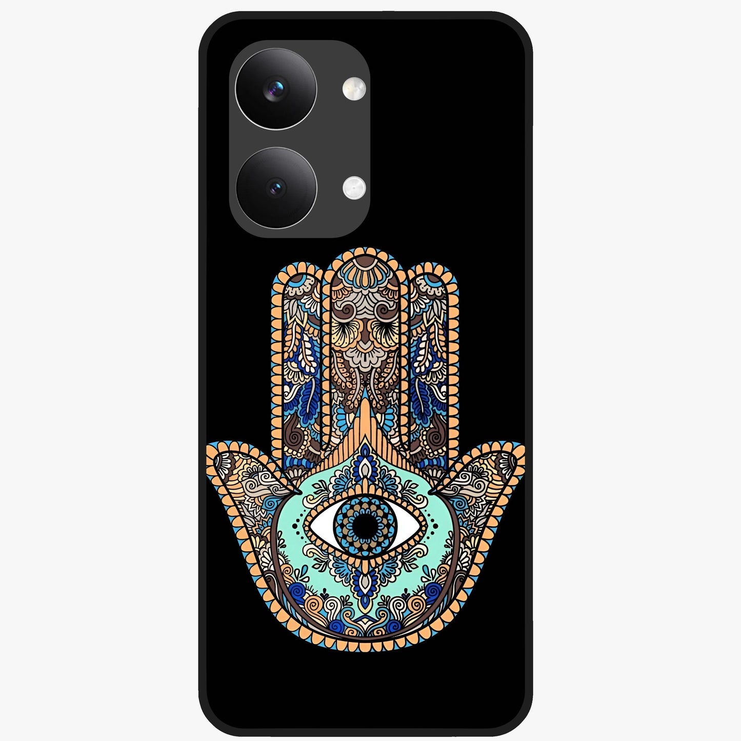Mystic Hamsa Eye Glass Case showing flat back view with protective hamsa hand and evil eye artwork and glossy glass finish.