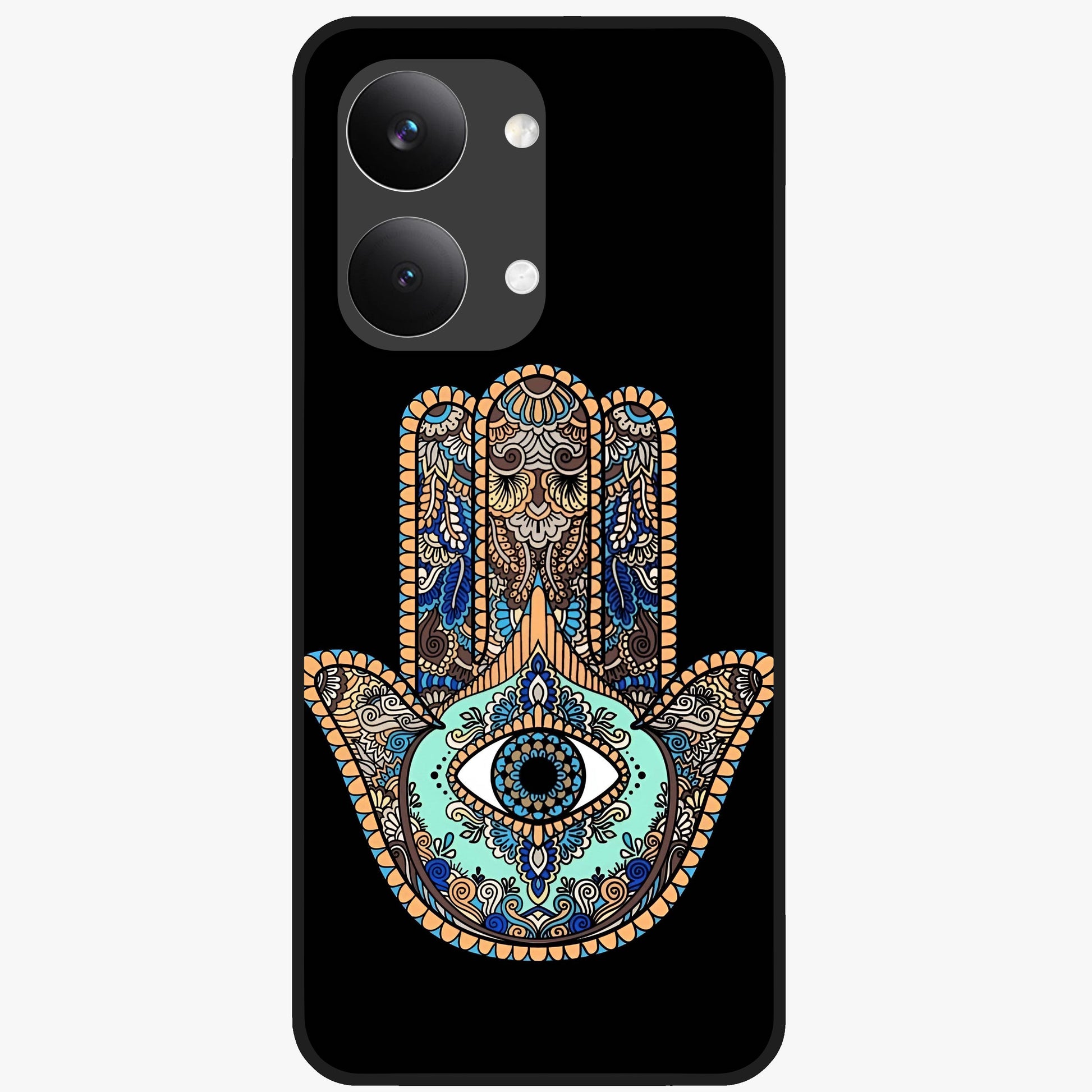 Mystic Hamsa Eye Glass Case showing flat back view with protective hamsa hand and evil eye artwork and glossy glass finish.