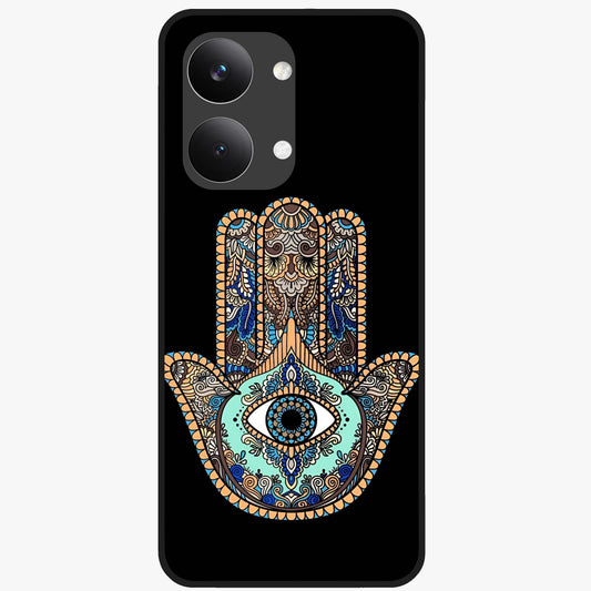 Mystic Hamsa Eye Glass Case showing flat back view with protective hamsa hand and evil eye artwork and glossy glass finish.