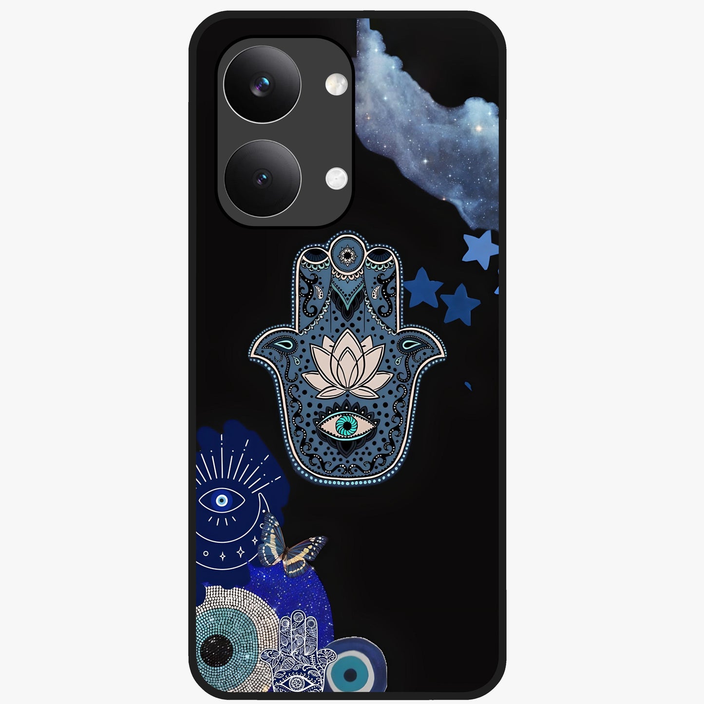 Mystic Hand Aura Glass Case showing flat back view with mystical hand symbol artwork and glossy glass finish.