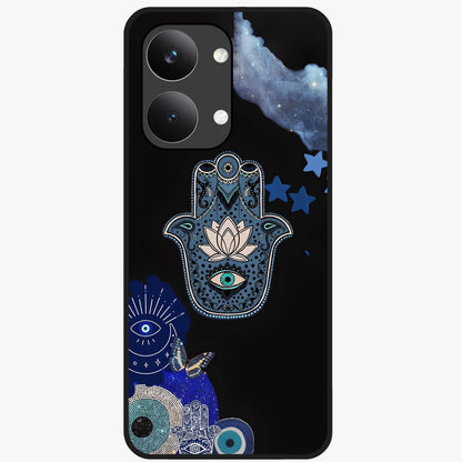 Mystic Hand Aura Glass Case showing flat back view with mystical hand symbol artwork and glossy glass finish.
