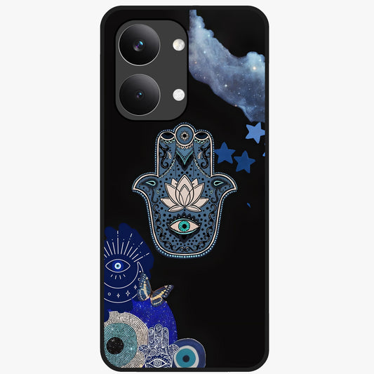 Mystic Hand Aura Glass Case showing flat back view with mystical hand symbol artwork and glossy glass finish.