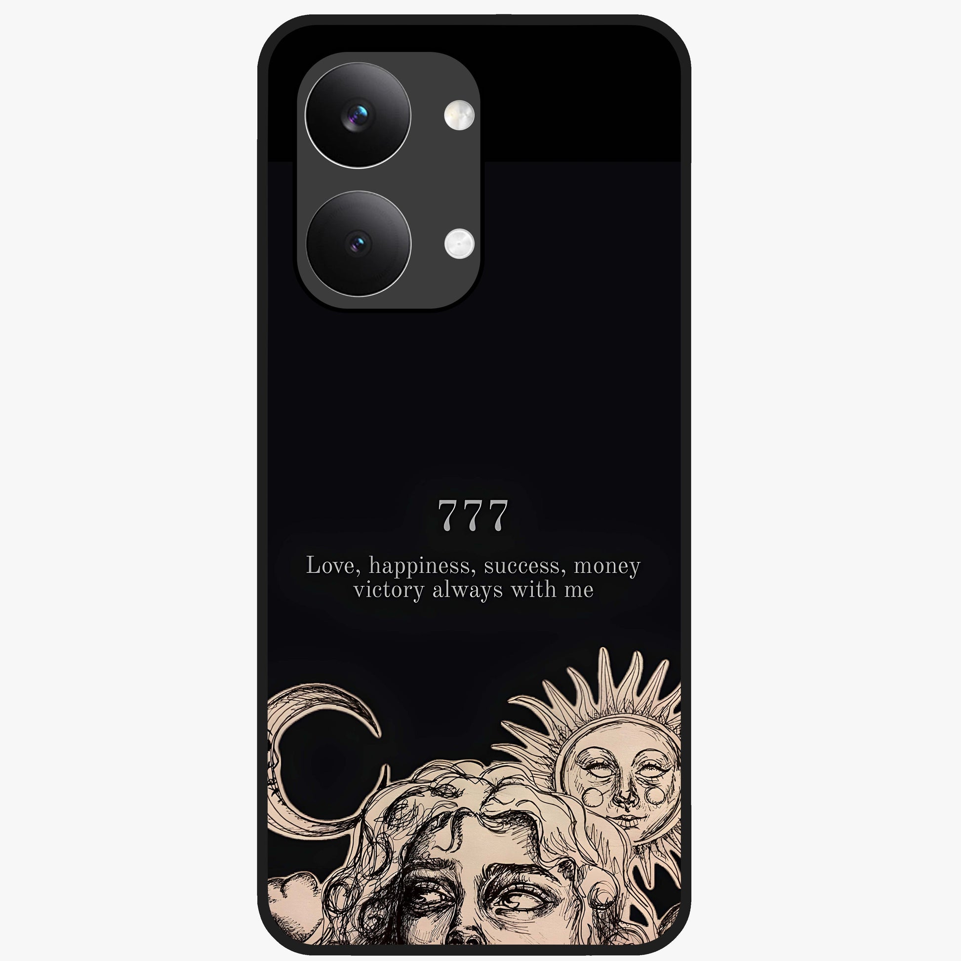 Mystic Victory Aura Glass Case showing flat back view with victory symbol artwork and glossy glass finish.