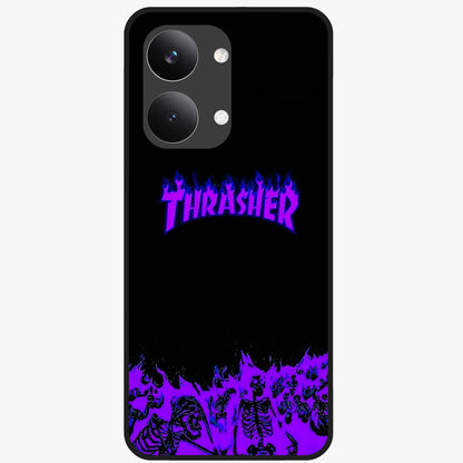 Neon Flame Riot Glass Case showing flat back view with neon flame artwork and glossy glass finish.