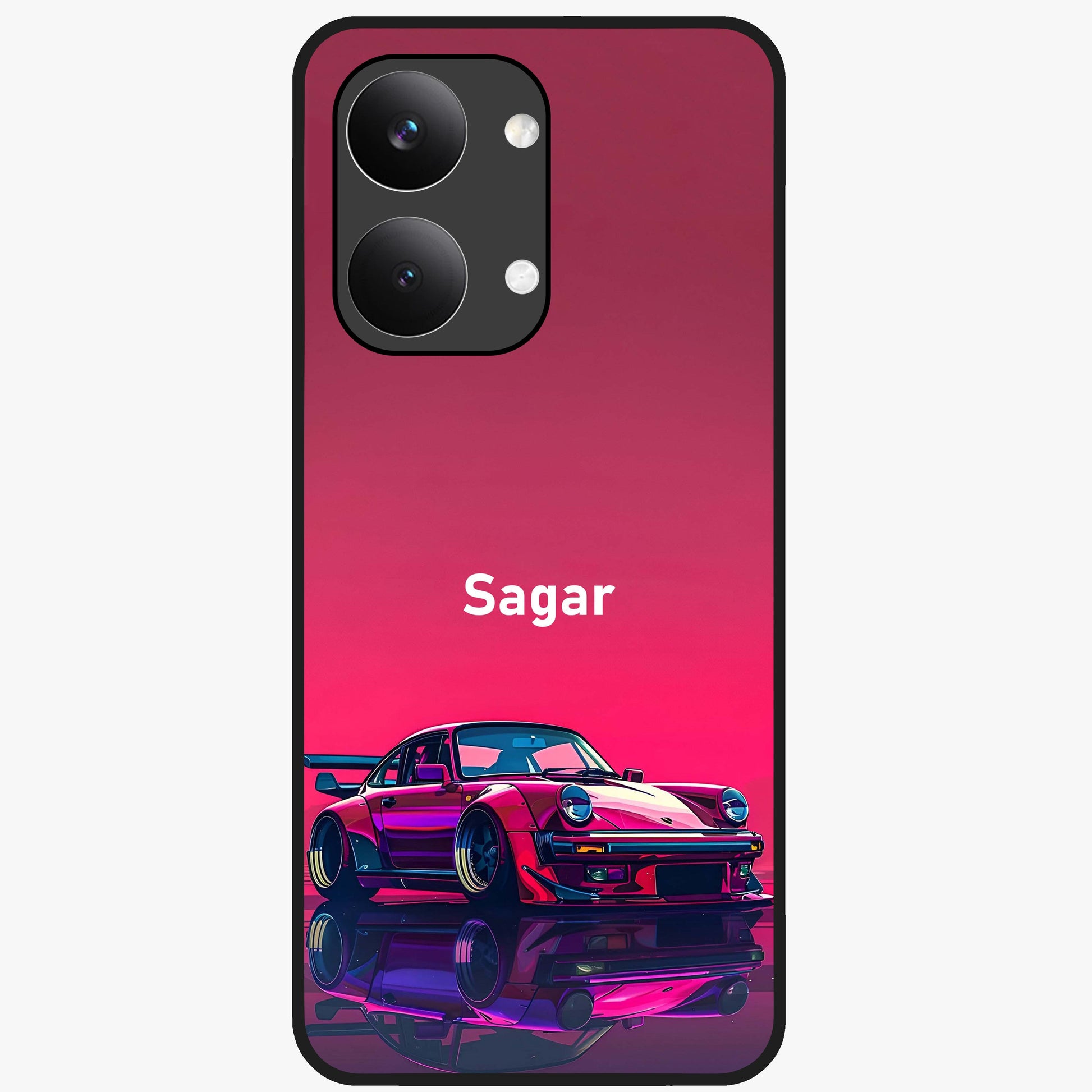 Neon Pink Porsche Glass Case showing flat back view with stylish sports car artwork and glossy glass finish.