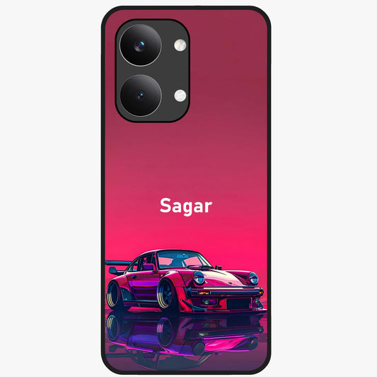 Neon Pink Porsche Glass Case showing flat back view with stylish sports car artwork and glossy glass finish.