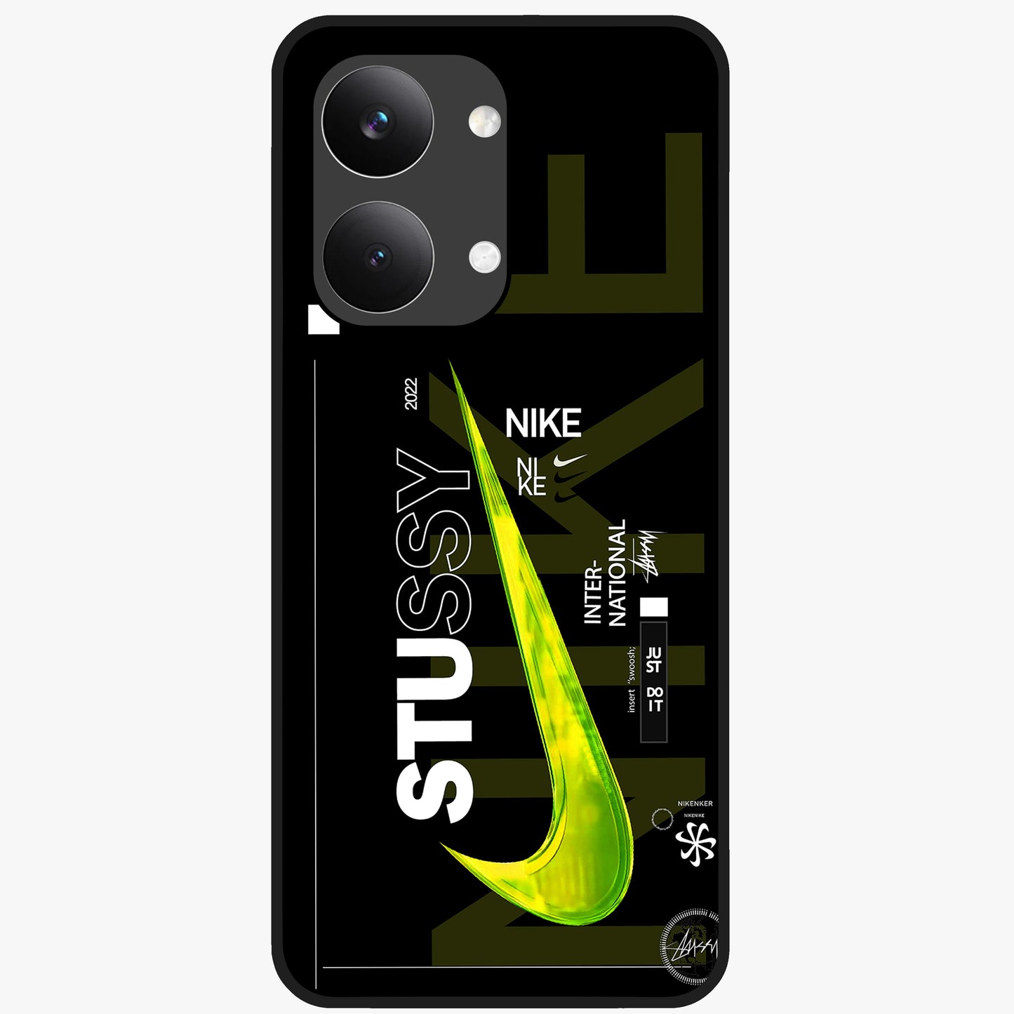 Neon Street Edition Glass Case showing flat back view with neon street style artwork and glossy glass finish.